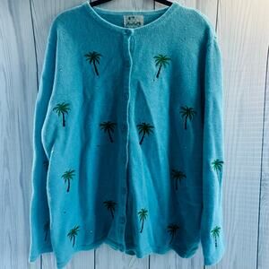 Quacker Factory Vintage Women's Size L Cardigan Teal Palm Tree Sweater READ